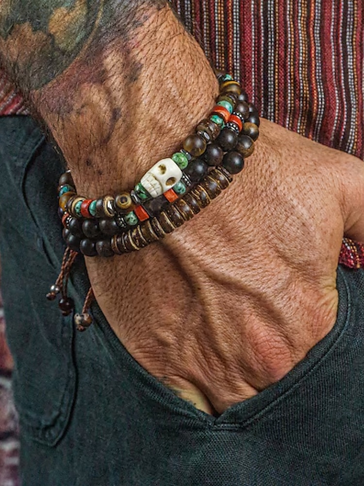 bohemiska döskalle- och pärlarmband för män – handgjorda armband av trä, harts och turkos pärlor, stapelbara armband, avslappnad stil för vardagen 2025 - $14.99 –P2