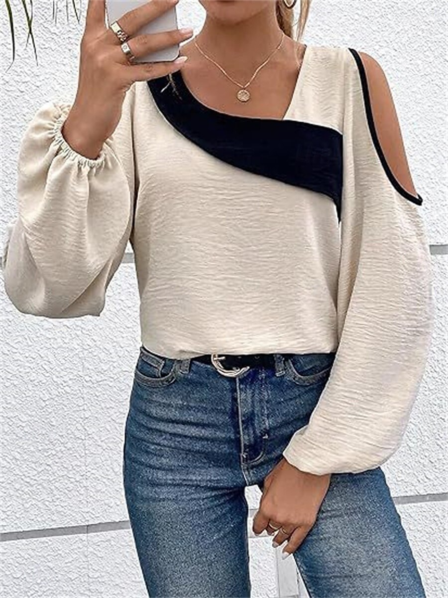 Damen Hemd Bluse Farbblock Elegant Täglich Stilvoll Langarm Laternenärmel U-Ausschnitt Normale Oberteile Arbeit Täglich Festtage Patchwork Wein Blau Beige Frühling Herbst 2025 - $26.99 –P5