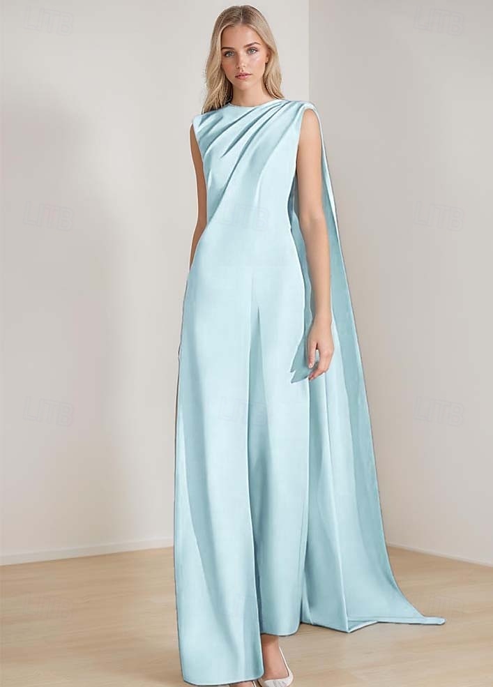 Combinaisons robe de soirée élégante invité de mariage train traînant sans manches col rond crêpe extensible avec drapés 2025 de 2025 ? $178.99 –P1