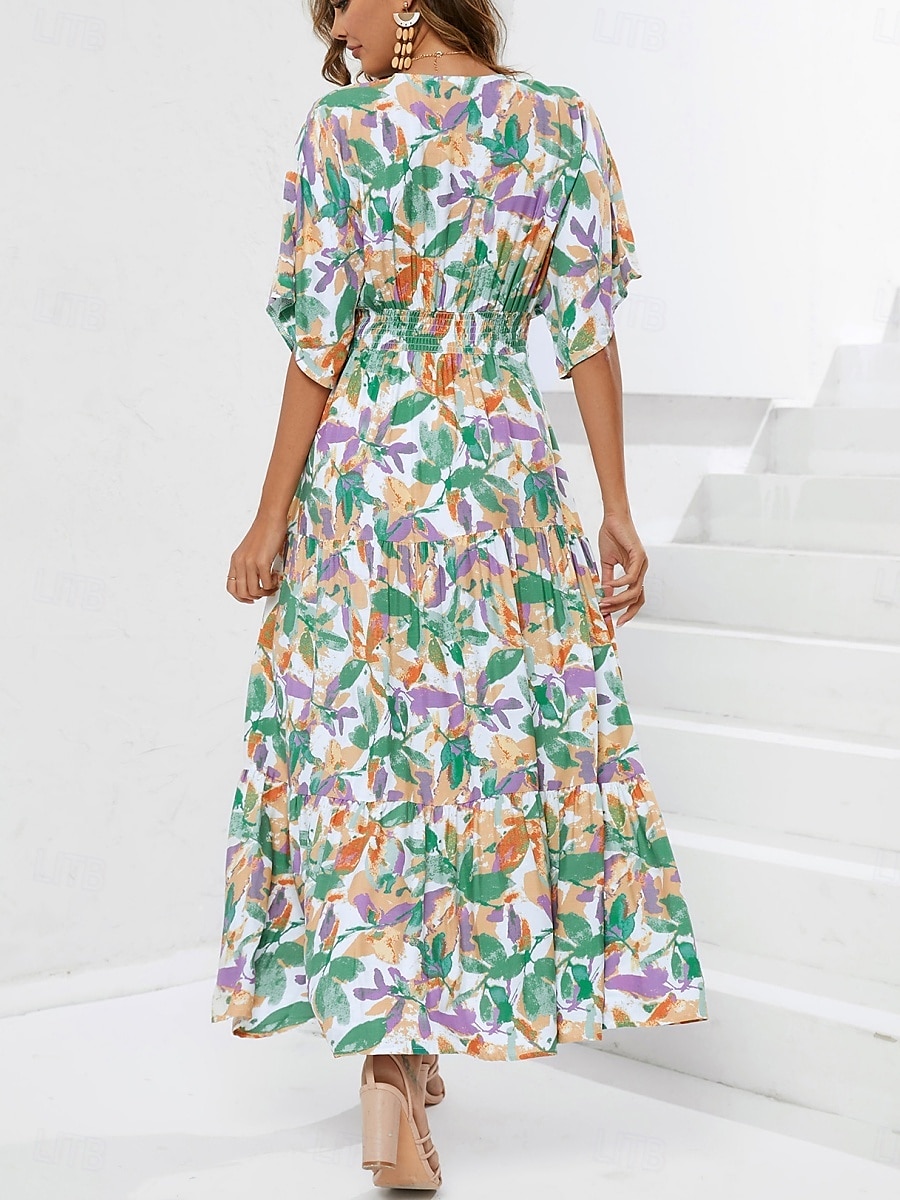 Dam Maxiklänning Vardagsklänning A linjeklänning Stylish Ledigt Semester Dagligen Normal Blommig Halvlång ärm V-hals Blå Sommar 2025 - $33.99 –P2