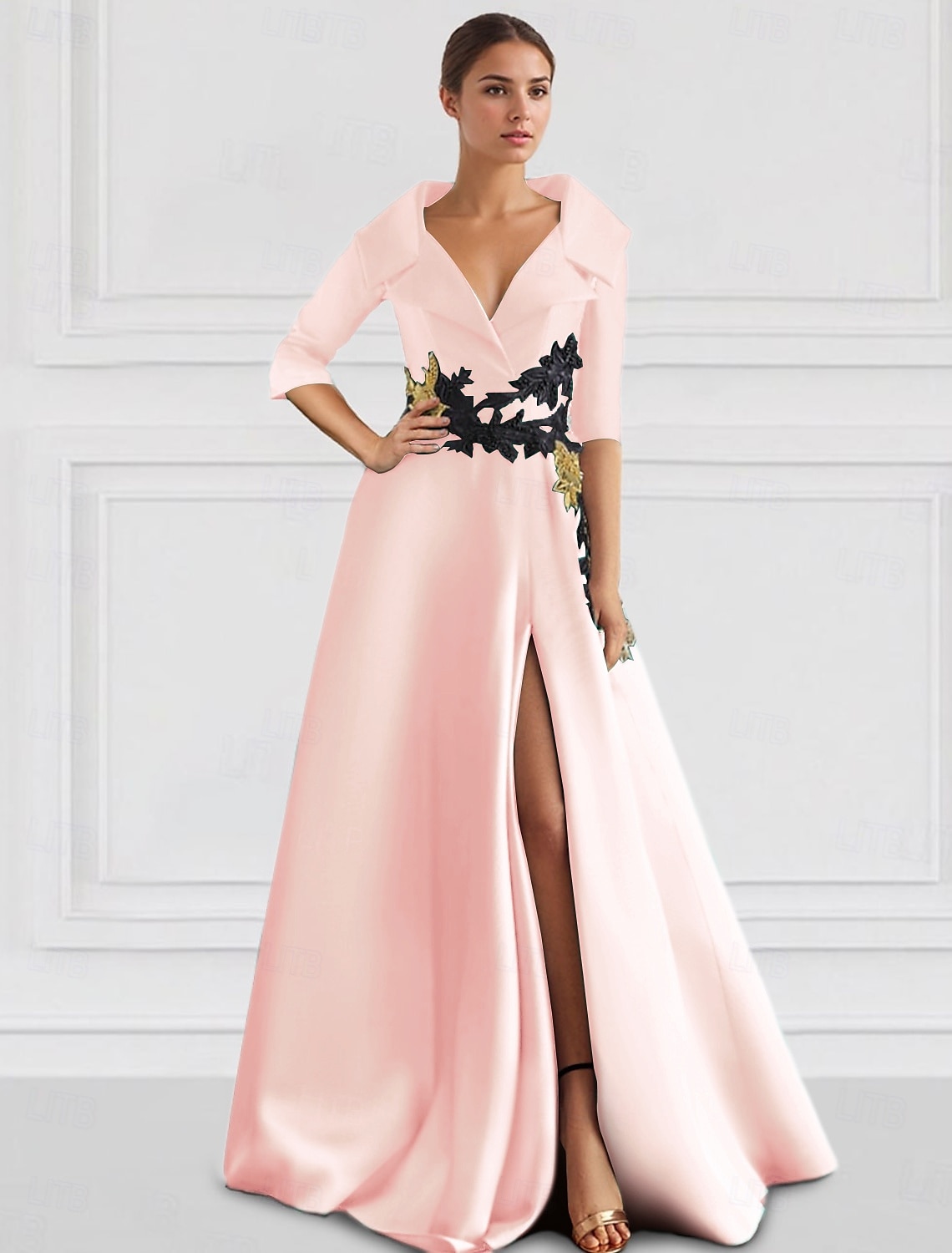 Vestido de Gala A-Line Preto Elegante Tuxedo Vestido Formal Comprimento de Chão Manga 3/4 Colarinho de Camisa Bolso Cetim com Apliques vestido para impressionar 2025 de 2025 por $179.99 –P5