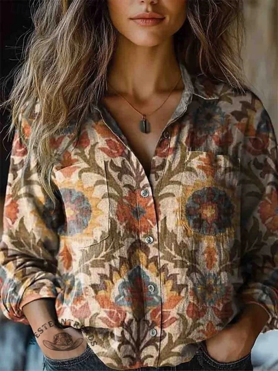 Dámské Košile Halenka Květinový Čechy Retro Na běžné nošení Dlouhý rukáv Košilový límec Běžné topy Denní Knoflíky Tisk Černá Bílá Žlutá Fialová Rubínově červená Léto Jaro 2025 - $34.99 –P8