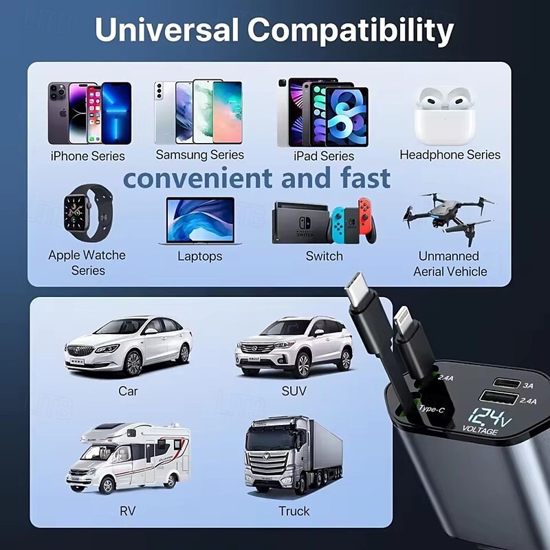 autolader adapter 120w snel opladen usb type c snellaadkabel met intrekbare snoeren geschikt voor iphone 16/15/14/13/12 samsung 2025 - $27.99 –P4