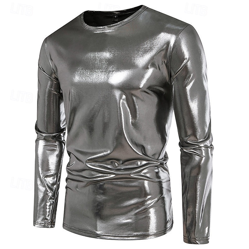 Men's Tee Tee Top Long Sleeve Shirt Long Sleeve Crew Neck Spring &  Fall Plain Fashion Designer Shiny Metallic Vacation Street Going out Silver Green Red Top Tee for Men 2025 - $21.99 –P2