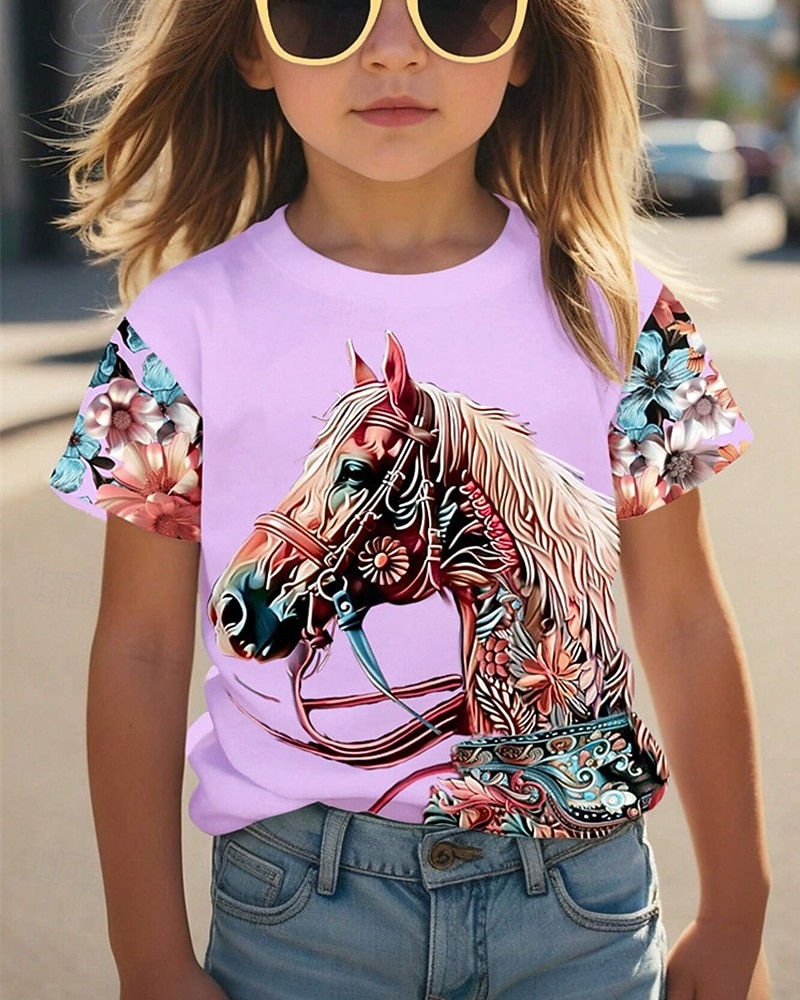 Mädchen 3D Grafik Pferd T-Shirt Kurzarm Sommer Frühling Mode Basic Kinder 4-12 Jahre Rundhalsausschnitt Lässig Täglich Outdoor Normale Passform 2026 - $11.99 –P3