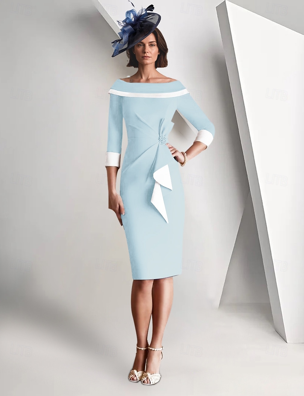 Sheath / Column Mother of the Bride Dress Elegant Vintage Simple Off Shoulder Tea Length Crepe 3/4 Length Sleeve Jacket Dresses with Ruffles Color Block Race Day Dress 2025 - $172.99 –P5