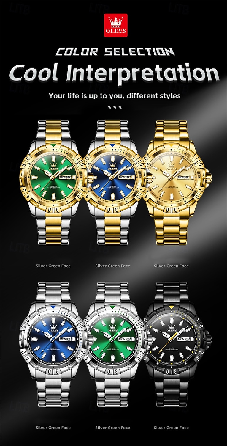 Il nuovo orologio da business da uomo del marchio Olevs orologio classico verde fantasma d'acqua visualizzazione del calendario settimana orologio al quarzo impermeabile moda sportiva del 2025 a $38.99 –P5