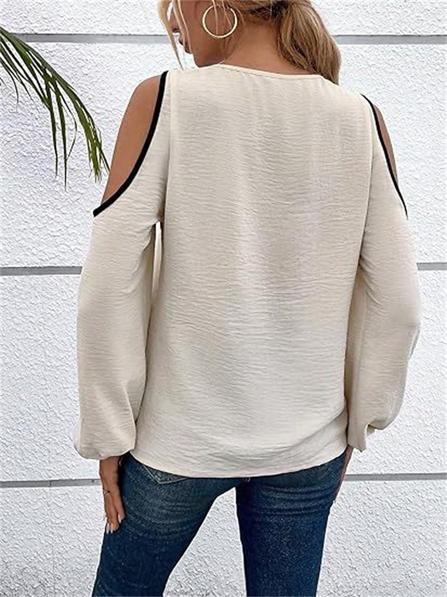 Damen Hemd Bluse Farbblock Elegant Täglich Stilvoll Langarm Laternenärmel U-Ausschnitt Normale Oberteile Arbeit Täglich Festtage Patchwork Wein Blau Beige Frühling Herbst 2025 - $26.99 –P2