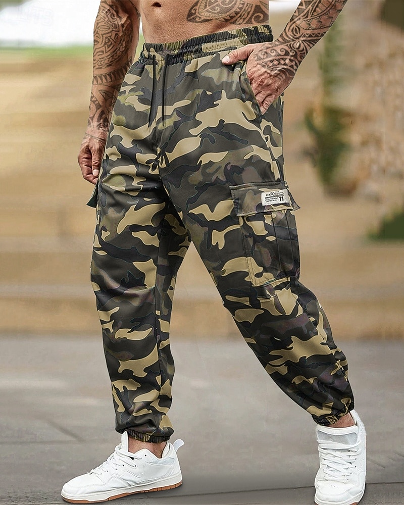Per uomo Pantaloni cargo Pantaloni A cordoncino Vita elastica Multi tasca Camouflage Mimetico Indossabile Esterno Giornaliero Campeggio e hiking Di tendenza Classico Verde Cachi del 2026 a $20.99 –P1