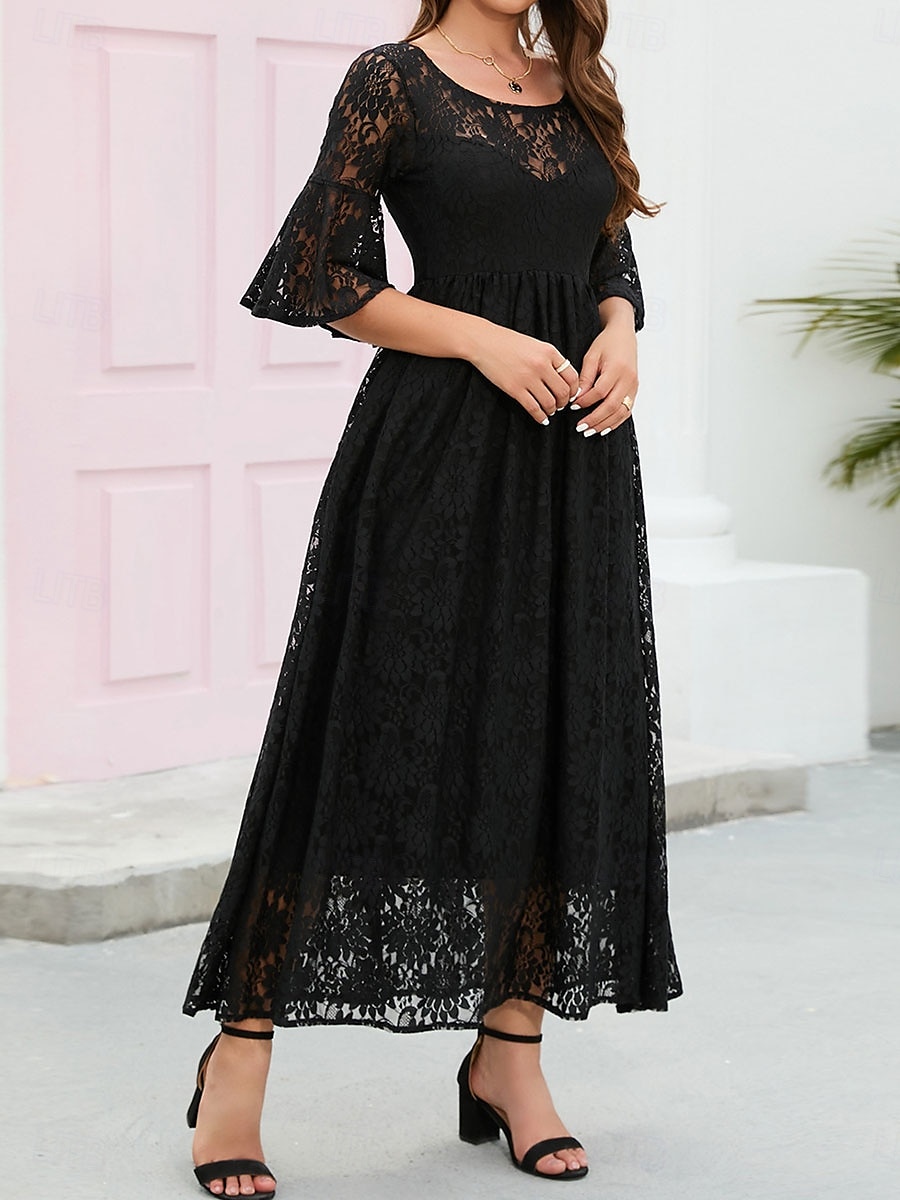Damskie Sukienka midi Koronkowa sukienka Sukienka maxi Sukienka A line Elegancja Elegancki Codzienny Rozkloszowany rękaw Urlop Impreza Codzienny Regularny Równina Krótki rękaw Półgolf Czarny Wino 2025 - $46.99 –P13
