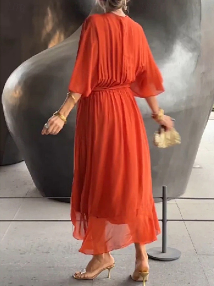 Damen Midikleid schwarzes kleid Casual kleid A Linie Kleid Basic Brautkleider schlicht Urlaub Täglich Regular Fit Glatt 3/4 Ärmel V Ausschnitt Schwarz Weiß Rote Orange Sommer Frühling 2025 - $36.99 –P6