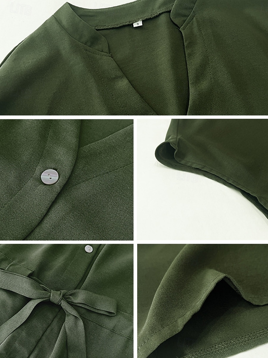 Women's Shirt Blouse Solid Color Stylish Casual Short Sleeve Notched Neck Regular Tops Daily Buttons Drawstring Black Wine Blue Green Beige Summer 2025 - $33.99 –P20