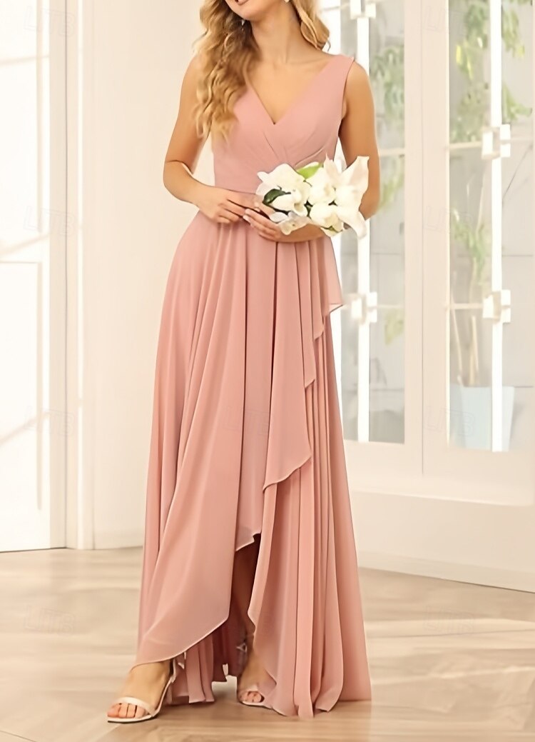 Linea ad A Vestito da damigella Scollo a V Senza Maniche Elegante Asimmetrico Chiffon con Volant / Arricciatura 2022 del 2025 a $165.99 –P4