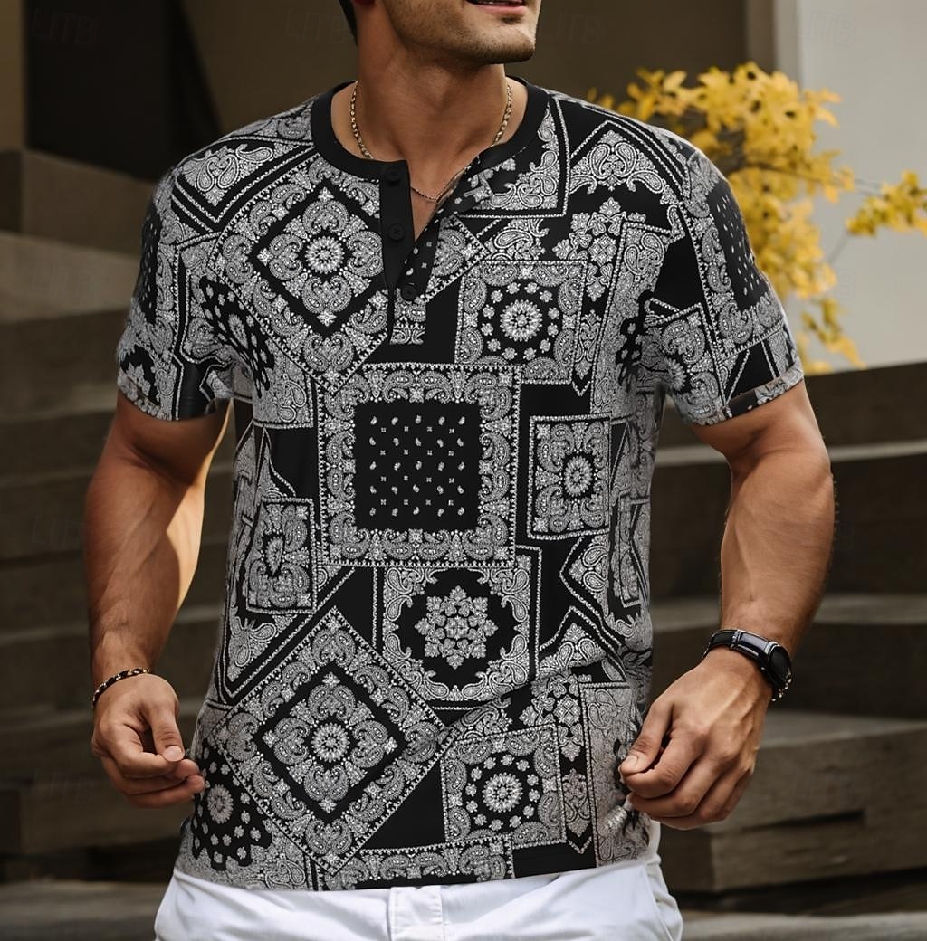 Per uomo Floreale Etnico maglietta Camicia Henley Manica corta Originale Retrò vintage Strada Informale Giornaliero Estate Primavera Nero Henley Maglietta Henley del 2025 a $20.99 –P1