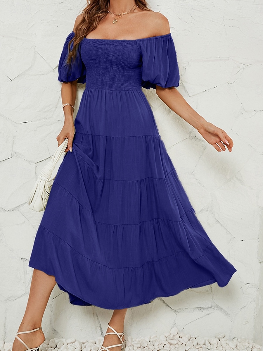 Abito Midi Femminile Abito A Linea Abito a Colore Unito Abito da Latte Abito Off The Shoulder Abito Manica Puff Vacanza Vacanza Fit Regolare Semplice Senza Maniche Collo a V Nero Verde Chiaro Rosa del 2025 a $34.99 –P5