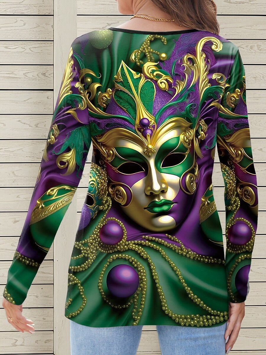 Carnaval Femme T shirt Graphic Décontractées manche longue Col cranté Hauts réguliers du quotidien Imprimer Vert Eté Printemps Automne de 2025 ? $24.99 –P2