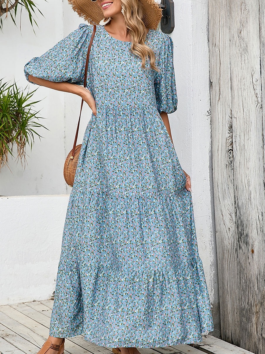 Women's Maxi Dress Puff Sleeve Dress Casual Lantern Sleeve Vacation Casual Daily Regular Fit Graphic 3/4 Length Sleeve Crew Neck Light Blue Summer 2025 - $36.99 –P3