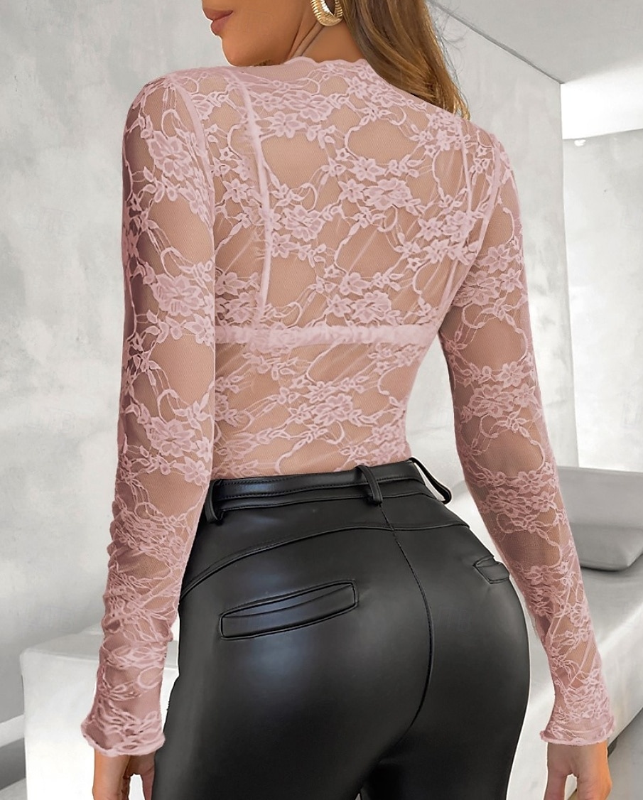 Chemisier Femme Noir transparent 6 noir Noir Broderie Fleur / Plantes Dentelle Troué du quotidien Elégant Dentelle Col Rond S de 2025 ? $15.49 –P4