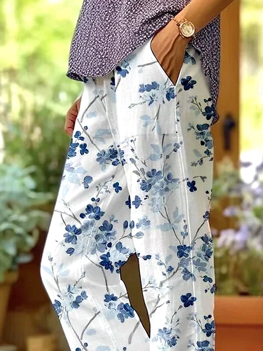 Dames Katoen Linnen Broek Baggy Broek Linnenachtige Elegante Vintage Mode Volledige Lengte Hoge Taille Bloemenbladprint Ademend Zacht Micro-elastisch Buiten Dagelijks Linnenachtig Luchtblauw En Wit 2026 - $49.99 –P2