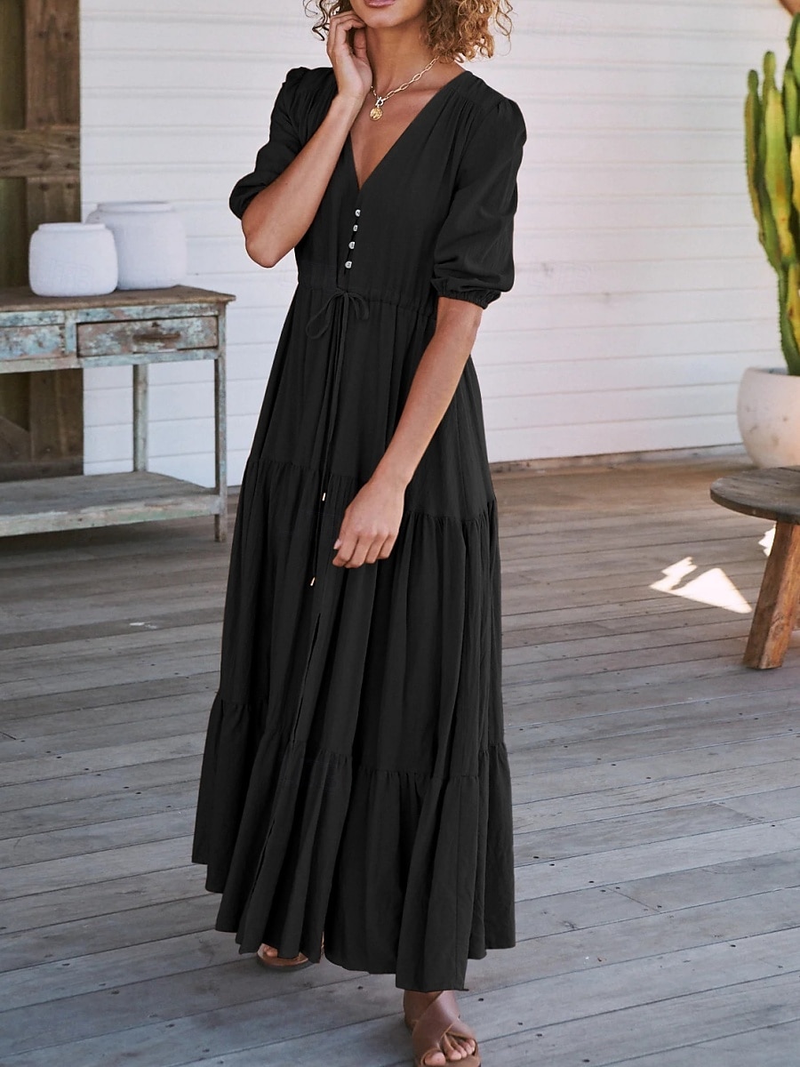 Women's Maxi Dress Casual Dress Swing Dress A Line Dress Casual Vacation Daily Regular Fit Plain Short Sleeve V Neck Black Navy Blue Fuchsia Green Summer 2025 - $31.99 –P6