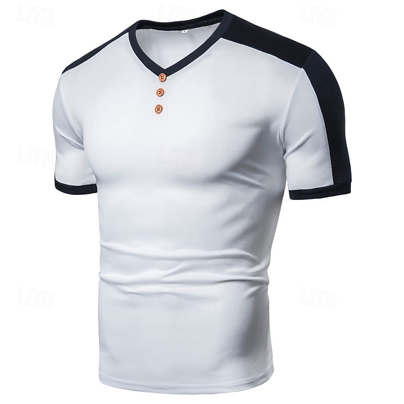Herren T-Shirt mit Knöpfen T Shirt T-Shirt Kurzarmshirt Kurzarm V Ausschnitt Sommer Frühling Farbblock Mode Designer Basic Knöpfe Urlaub Straße Ausgehen Schwarz Weiß Wein Top T-Shirt für Herren 2025 - $10.99 –P1