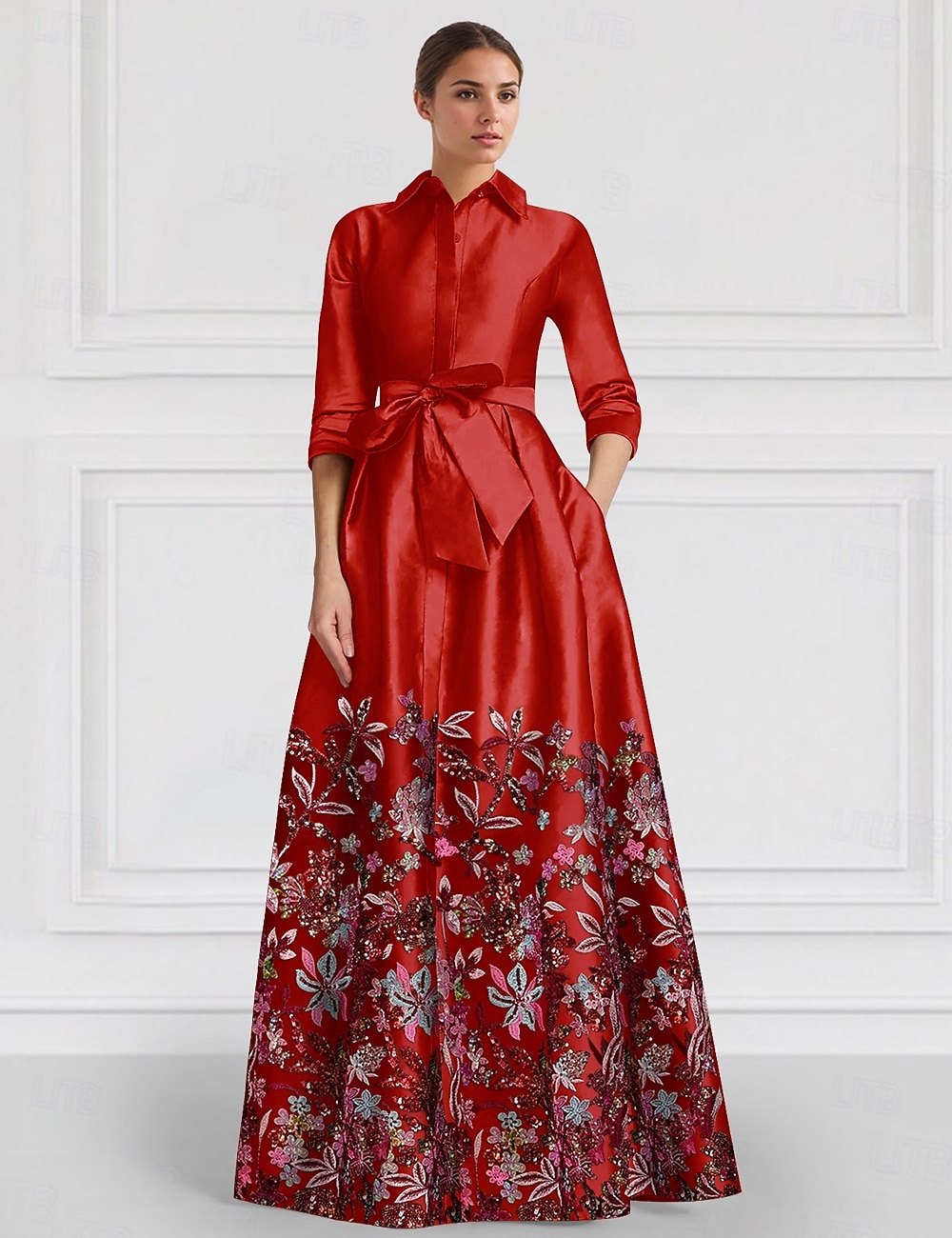 A-Linie Bodenlang Perlenbestickt Kleid für Hochzeitsgäste Abendkleid Brautmutterkleid Halbarm Hemdkragen Elegant Hoher Schlitz Hochzeit Formell Satin mit Schlitz Applikationen 2026 - $219.99 –P2