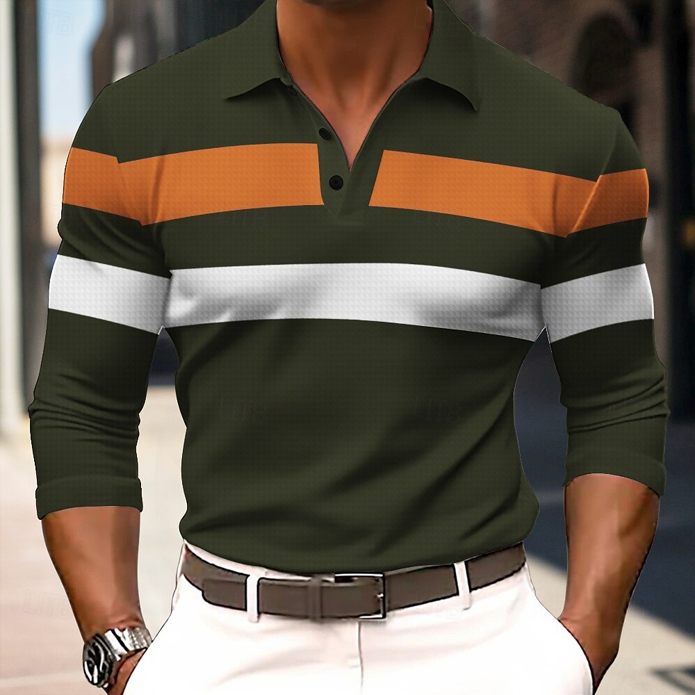 Herren Gestreift Rugby-Poloshirts Langarm Polo-Shirts Hemden mit Kragen Business-Casual Schule Athleisure Alltagskleidung 3D-Druck Frühling Herbst Winter Schwarz Armeegrün Dunkelblau 2025 - $23.99 –P3