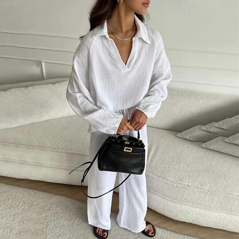 Women's Fashion Streetwear Shirt Two Piece Sets Linen Pants Pants Trousers Long Sleeve Shirt Collar Solid Color Drawstring Daily Wear Date Black White Orange Summer Regular Fit 2025 - $28.99 –P3