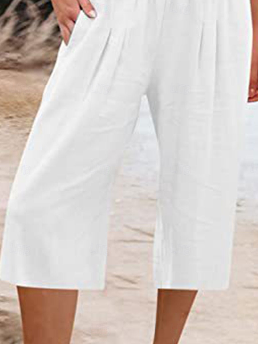 Mulheres Shorts de algodão e linho Calças inspiradas em linho Calças de linho de algodão Moda Roupa de rua Básico Comprimento da panturrilha Cintura Alta Tecido Bolsos Cintura elástica Conforto de 2025 por $21.99 –P3