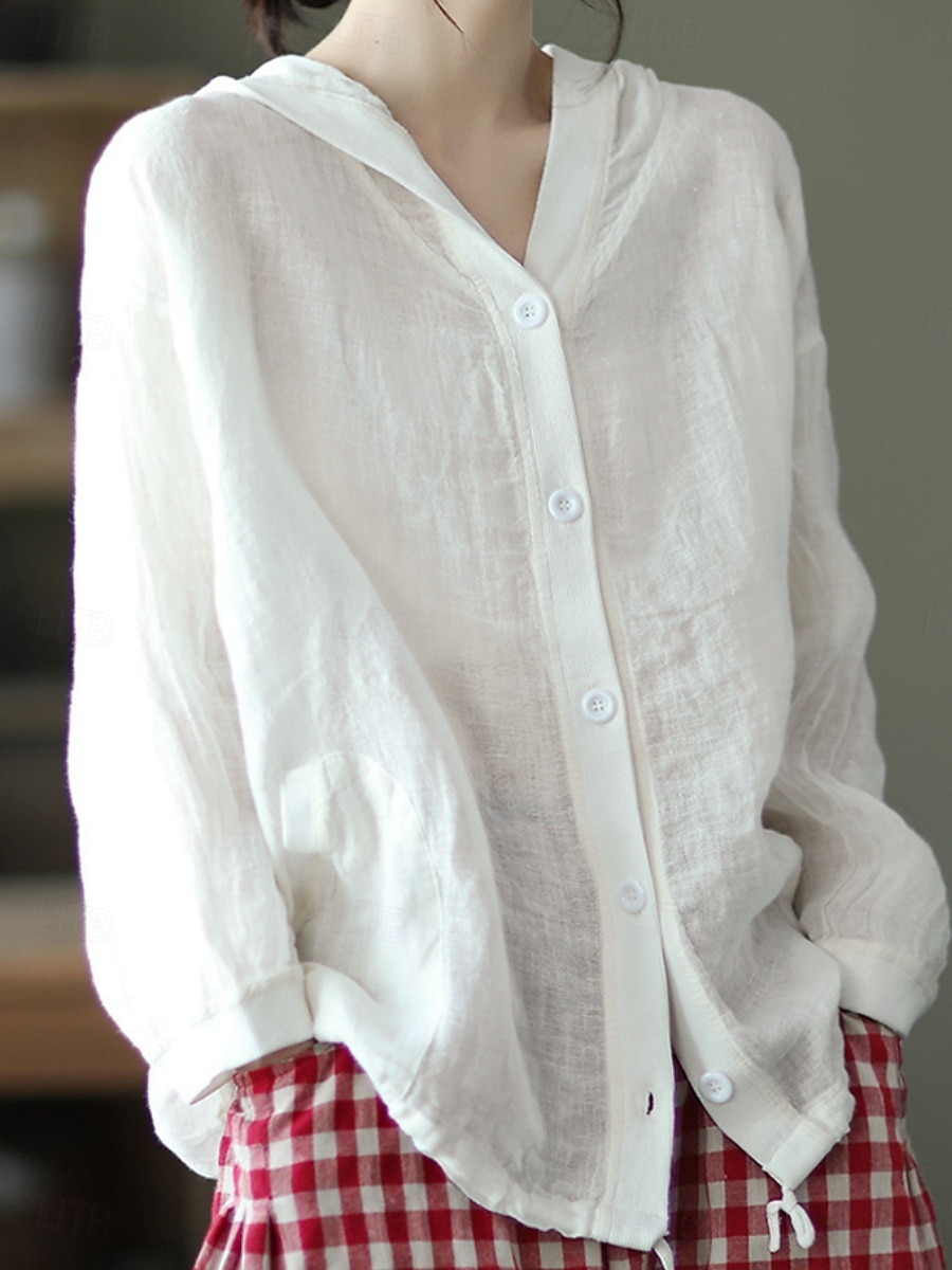 Women's Shirt Cotton Linen Shirts Button Up Blouse Solid Color Basic Casual Long Sleeve Hooded Regular Tops Daily Buttons White Red Blue Beige Summer 2025 - $25.99 –P5
