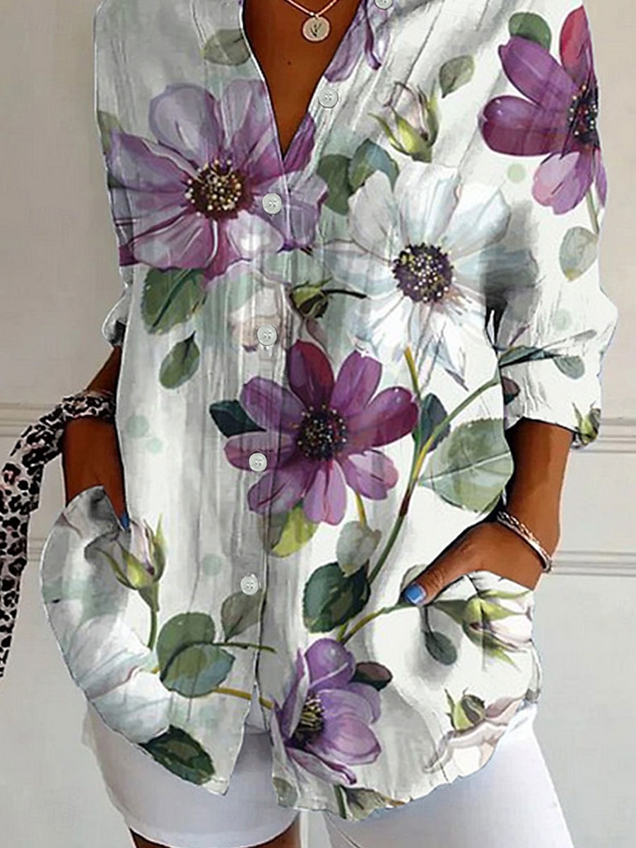 Damen Hemd Grafik täglich stilvoll retro vintage 3/4-Ärmel Hemdkragen reguläre Tops täglicher Urlaub Ausgehen Knöpfe gelb lila Sommer Frühling 2025 - $32.99 –P3