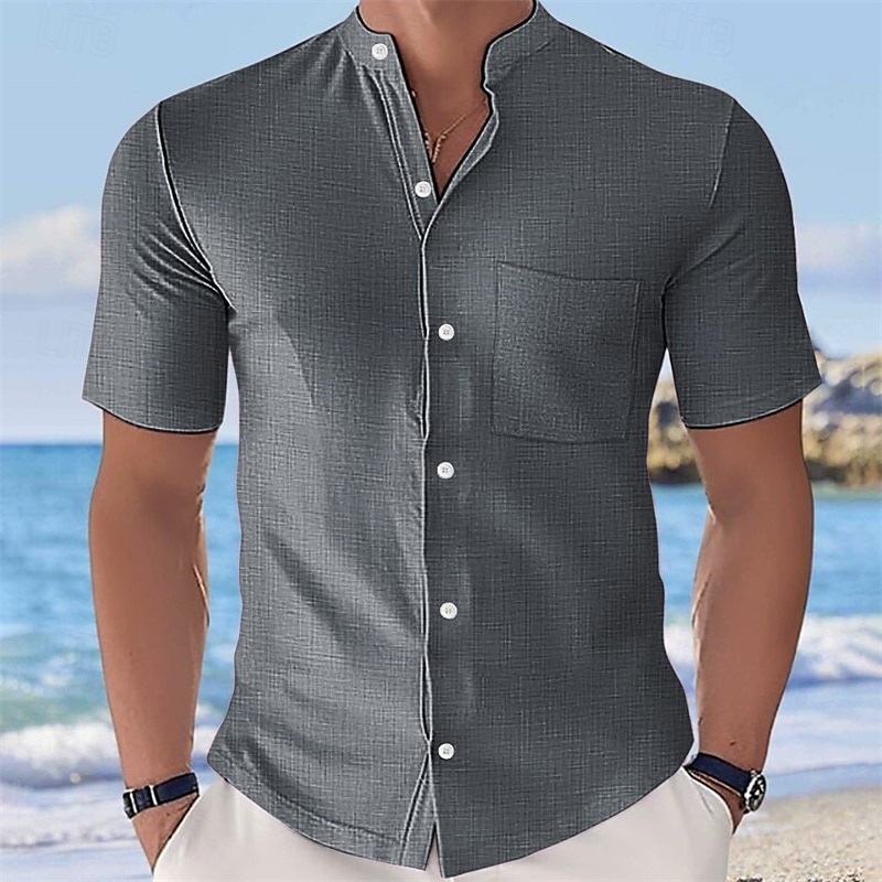 Men's Shirt Summer Shirt Casual Shirt Beach Shirt Button Up Shirt Black White Yellow Pink Sky Blue Short Sleeve Plain Grandad Collar Stand Collar Vacation Hawaiian Buttons Clothing Apparel Fashion 2025 - $21.99 –P3