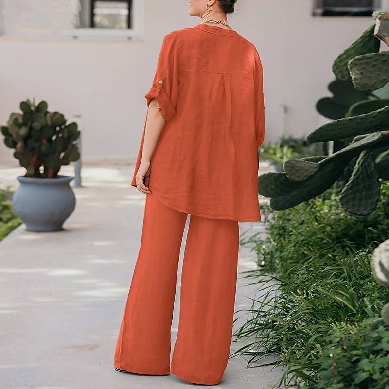 Dam Mode Streetwear Skjorta Linneinspirerade set Tvådelade set Linne Byxor Byxor Långärmad Hög krage Ensfärgat Dagliga kläder Datum Marinblå Orange Vår Normal 2025 - $28.99 –P5