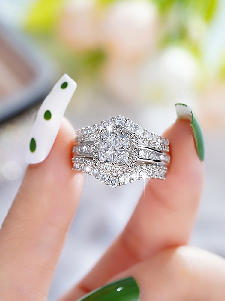 Juego de anillos de boda de lujo con circonita cúbica, bañados en plata, elegante joyería nupcial para mujer 2025 - $11.99 –P2