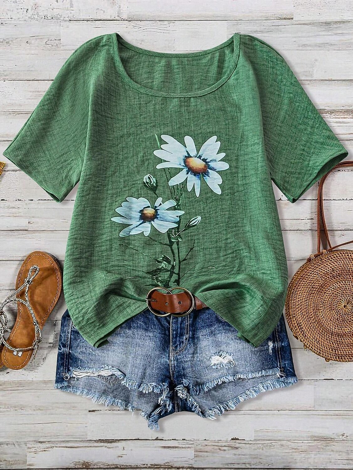 Women's Shirt Floral Casual Half Sleeve Crew Neck Regular Tops Work Daily Linen Like Buttons Print Green Spring Fall Winter 2025 - $28.99 –P3