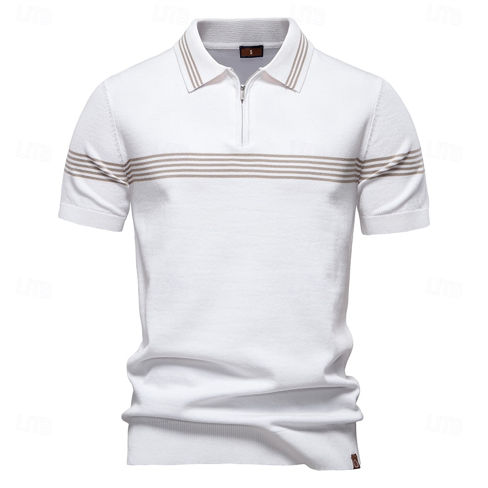 Men's Polo Knit Polo Sweater Formal Work Turndown Quarter Zip Short Sleeve Striped Zip Up Stripe-Trim Spring Black White Khaki Polo 2025 - $28.99 –P1