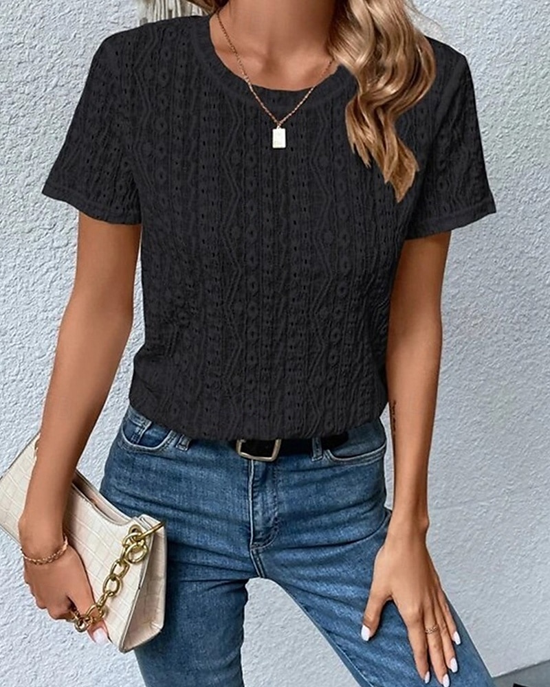 Жен. Блуза Ушко сверху Кружевные топы Полотняное плетение Повседневные Стиль Классический С короткими рукавами Вырез под горло Обычные топы Офис Повседневные Праздники С отверстиями 2025 - $21.99 –P5