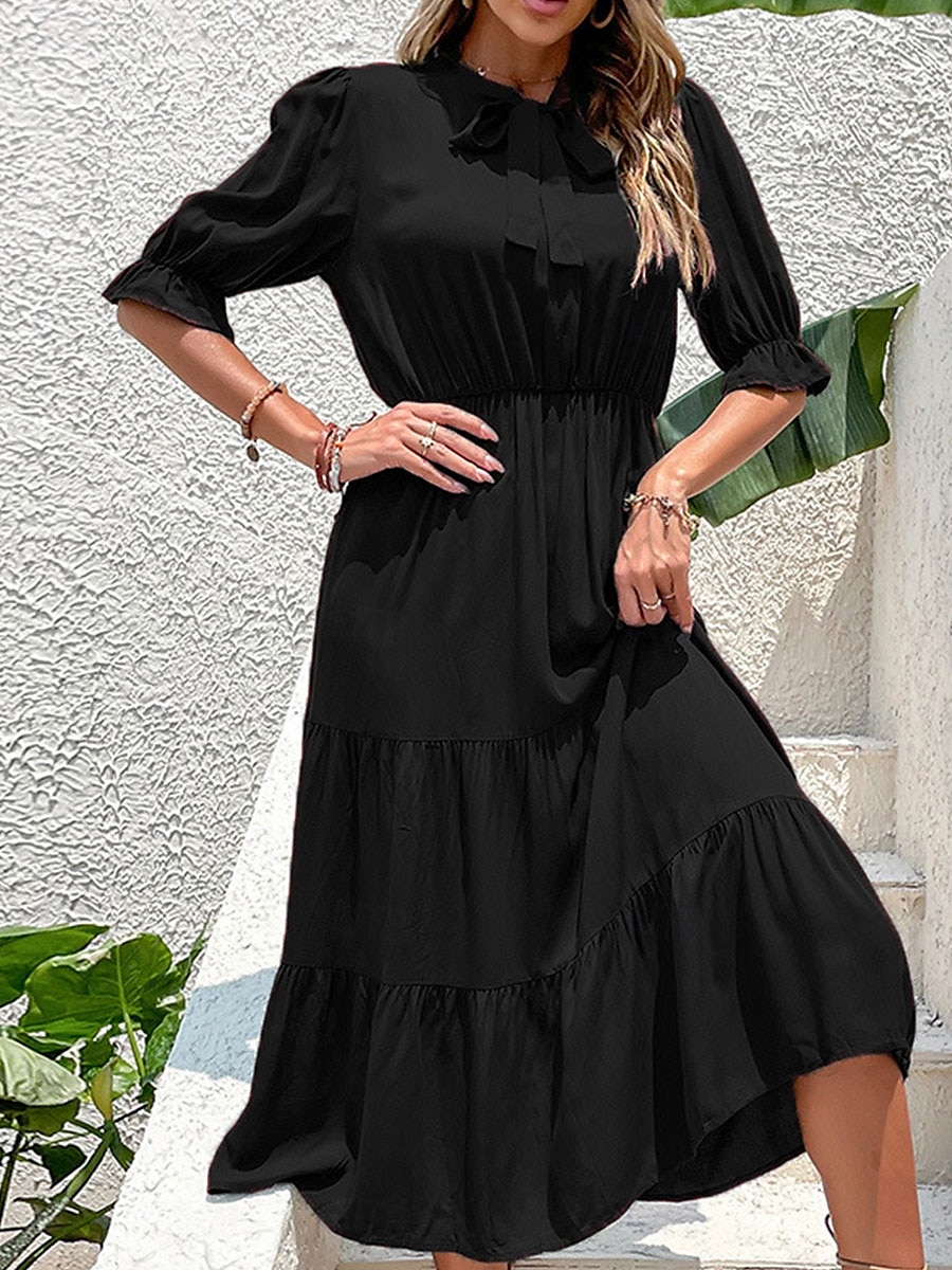 Damen kleid lang Maxidress A Linie Kleid Basic Brautkleider schlicht Urlaub Arbeit Casual Regular Fit Glatt Halbe Ärmel Rundhalsausschnitt Schwarz Burgunderrot Grün Sommer Frühling Herbst 2025 - $30.99 –P5