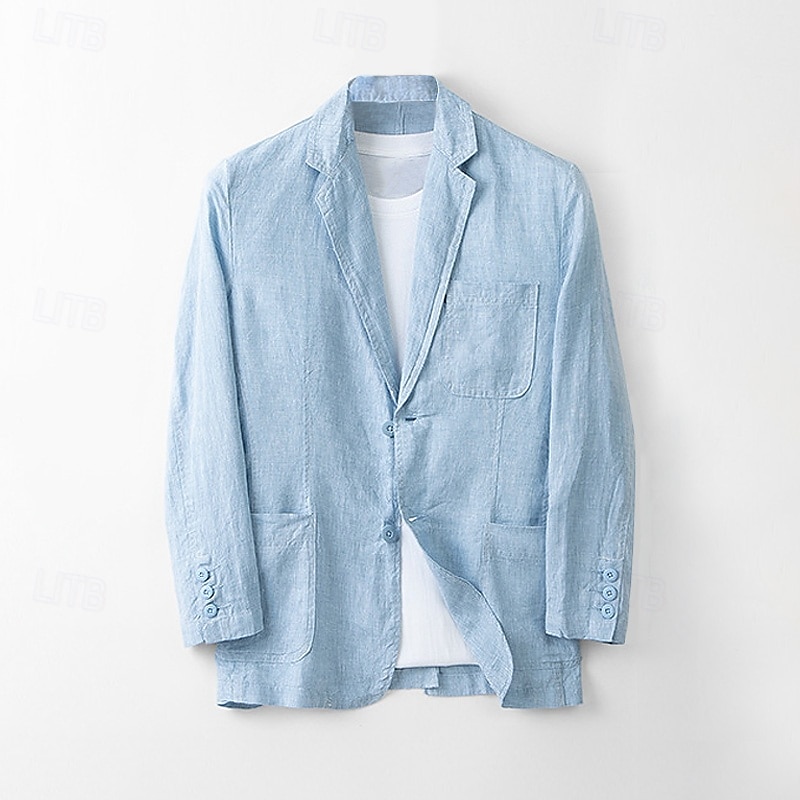 Herren Blazer aus 100 % Leinen Blazerjacke Schule Formell Hochzeit Elegant Urlaub Sommer Frühling 100% Leinen Leinen Einfarbig Einreihig Zwei-Knopf Blazer Dunkelgrau Marineblau Beige Hellblau 2025 - $66.99 –P1