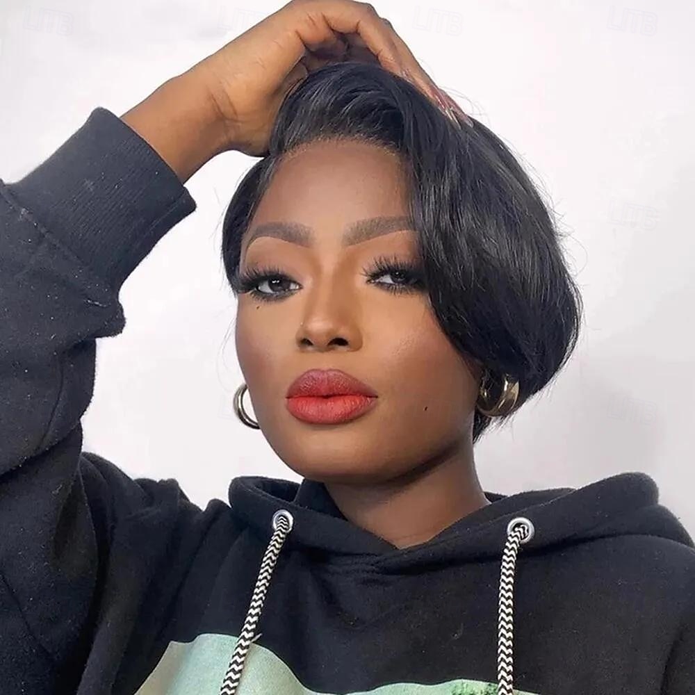 Pelucas de cabello humano con corte pixie bob corto de 13x4x1 con encaje frontal, transparente, liso, para mujeres negras, peluca para usar y llevar 2025 - $105.99 –P4