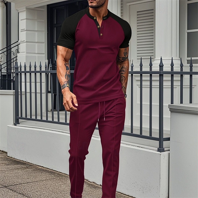 Herren T-Shirt Anzüge T-Shirts und lange Hosen mit Kordelzug 2-teiliges Outfit Kurzarm Henley Sommer Frühling Farbblock Mode Lässig 2 teilig Urlaub Alltagskleidung Ausgehen Wein Grün Khaki Top 2026 - $37.99 –P4