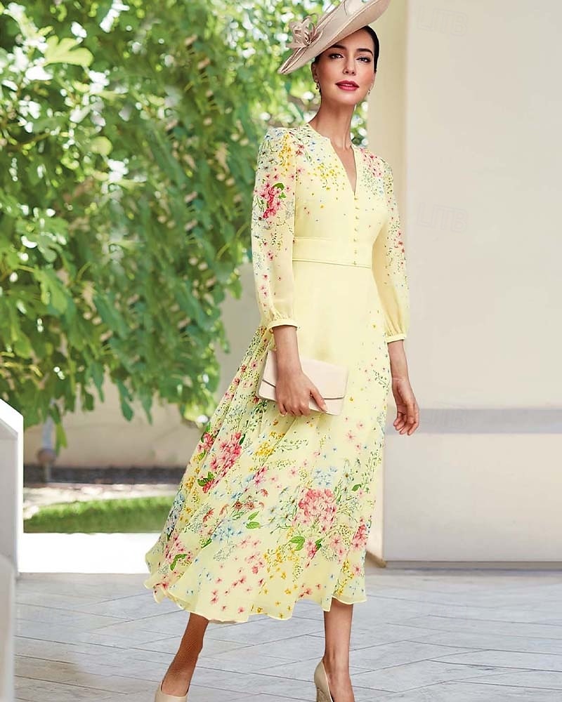 A-Linie Brautmutterkleid Elegantes Einfaches Minimalistisches V-Ausschnitt Blumenmuster bodenlang Chiffon Langarm mit verdeckten Knöpfen Derby Kleid Renntag Kleid Hochzeitsgastkleid 2025 2025 - $189.99 –P1