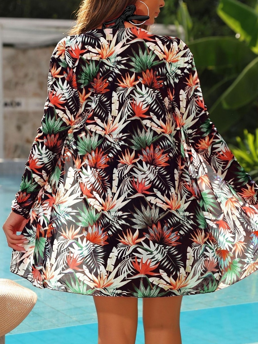 Dam Badkläder Bikini Tre delar Kalsonger Baddräkt Öppen rygg Smal Hög midja Semester Standkläder Blommig Halterneck Långärmad Baddräkter 2025 - $33.99 –P14