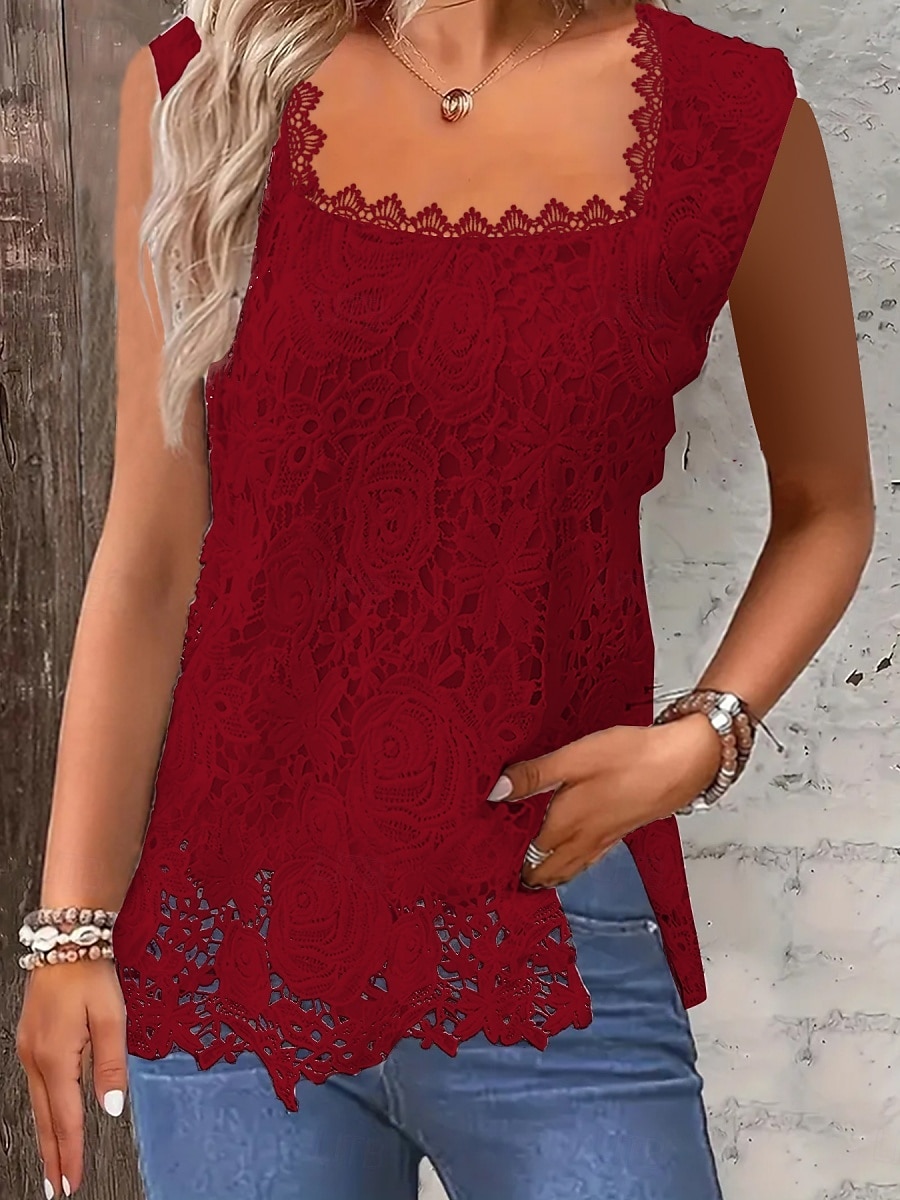 Top de camizola pentru femei solid elegant casual fără mâneci gât pătrat standard zilnic dantelă patchwork negru alb roz roșu albastru vară primăvară 2025 - zł86.99 –P7