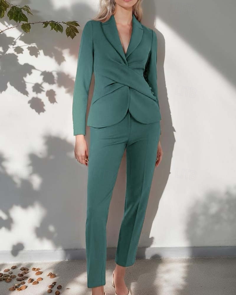 Pantsuit 2 Pieces Mother of the Bride Suit Elegant Simple Minimalist V Neck Wrapped Details Ankle Length Trousers Stretch Crepe Solid Color with Covered Buttons 2025 - $169.99 –P1