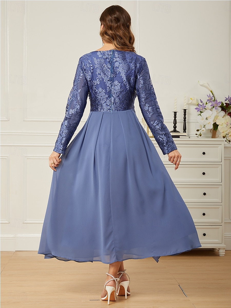 Dame Normal Maxikjole Blonde kjole Chiffonkjoler Elegant Stilfull Fest Bryllupsgjest Stevnemøte Normal Helfarge Langermet Crew-hals Blå Sommer 2025 - $72.99 –P6