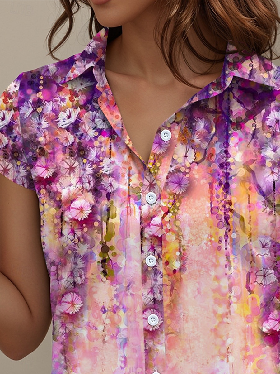 Dames Overhemd Ombre Bloemig Dagelijks Korte mouw Kap Overhemdkraag Lange tops Dagelijks Fuchsia Zomer 2025 - $25.99 –P3