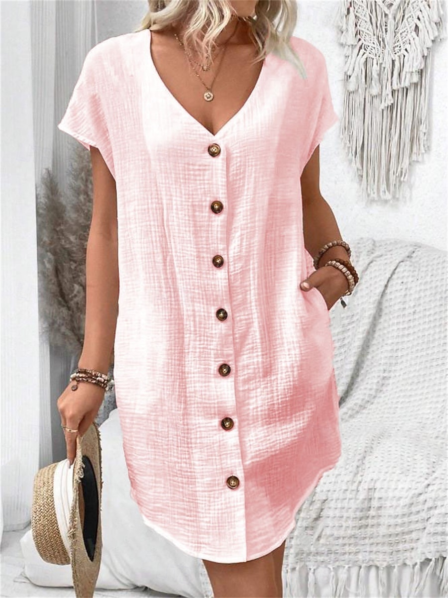 Women's Mini Dress Faux Cotton Linen Shift Dress Casual Dress Tank Dress Basic Casual Batwing Sleeve Casual Daily Vacation Loose Fit Plain Short Sleeve V Neck Black White Pink Green Summer Spring 2026 - $22.99 –P9
