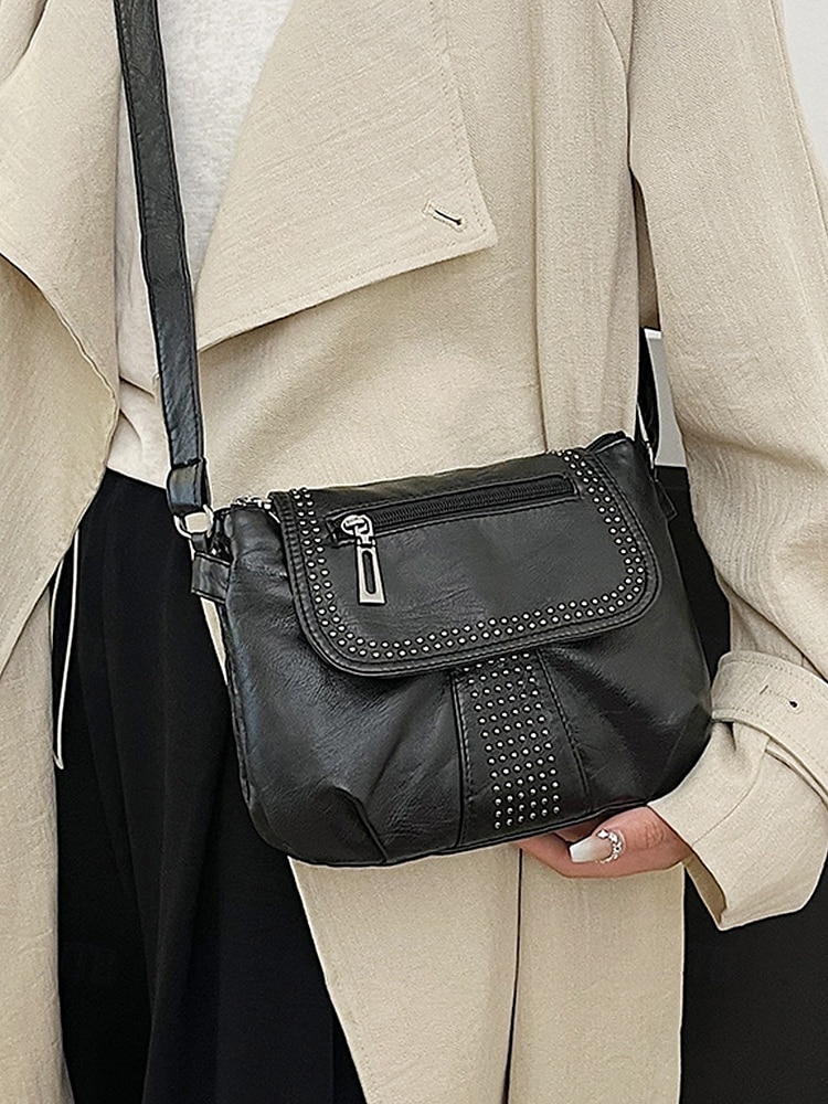 brun crossbody-väska i konstläder med dubbdetaljer – avslappnad, trendig handväska för vardagsbruk, shopping och utflykter svart röd blå 2025 - $19.99 –P1