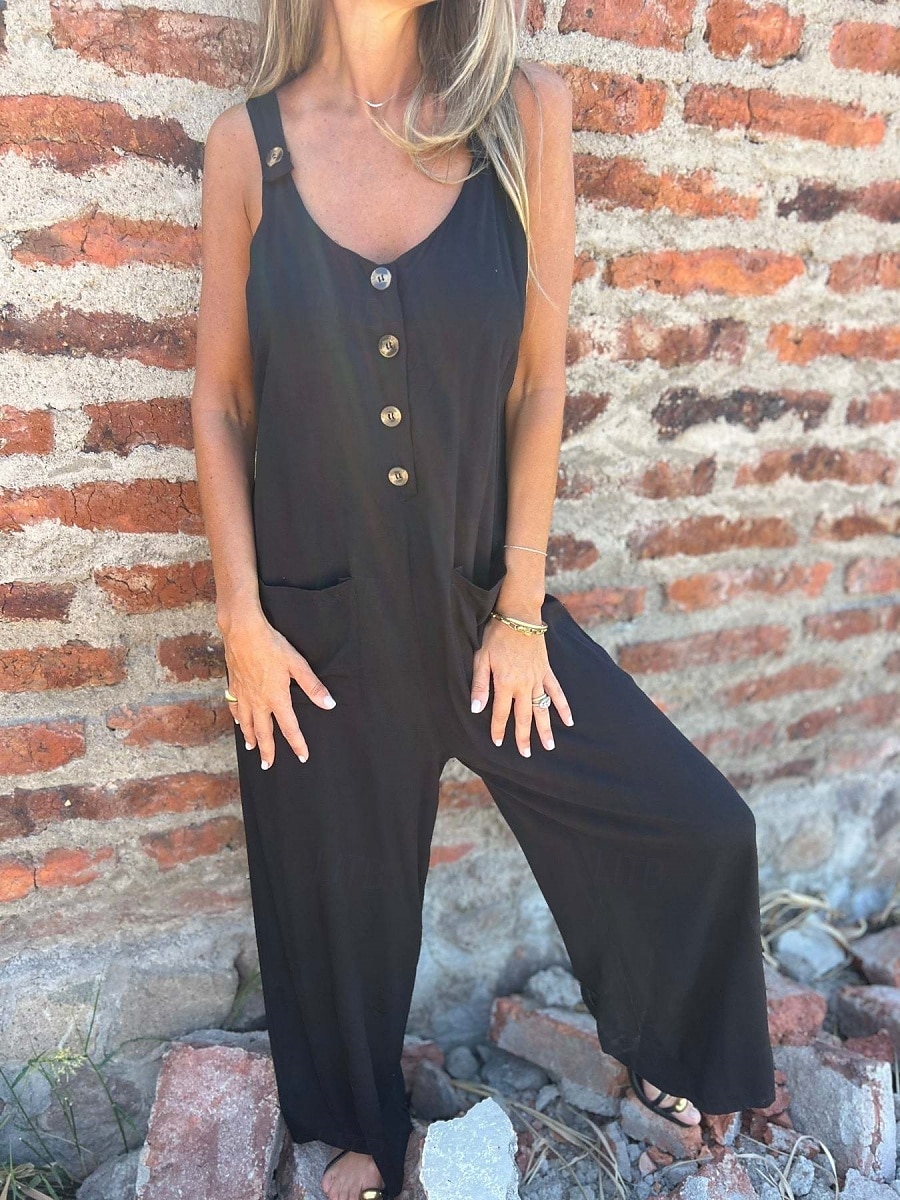Mujer Normal Mono Activo Color sólido Sin Mangas Escote en U Botones Bolsillo Vacaciones Diario Ajuste regular Negro Blanco Azul Piscina Verano 2025 - $32.99 –P13